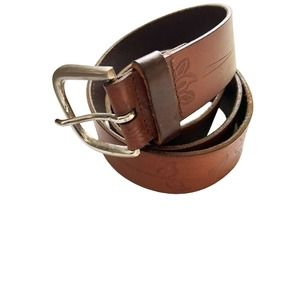 Womens Brown Skinny Leather Belt Floral Embossed 6 Holes B68